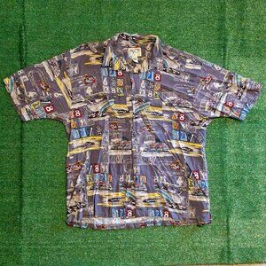 VINTAGE BIG DOGS MENS BUTTON UP SHIRT SHORT SLEEVE RACING PRINT 90’S SIZE XXXL